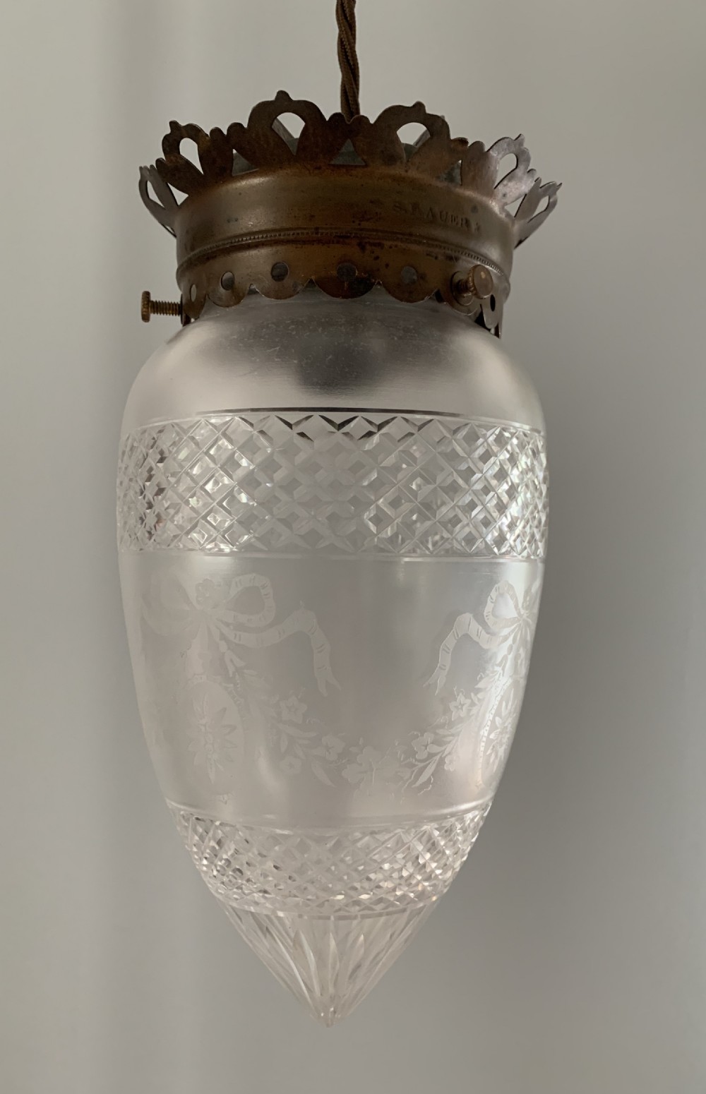 Pair of S.FAUER Aged Brass Cut Glass Pendant Ceiling Lights, Rewired  View II