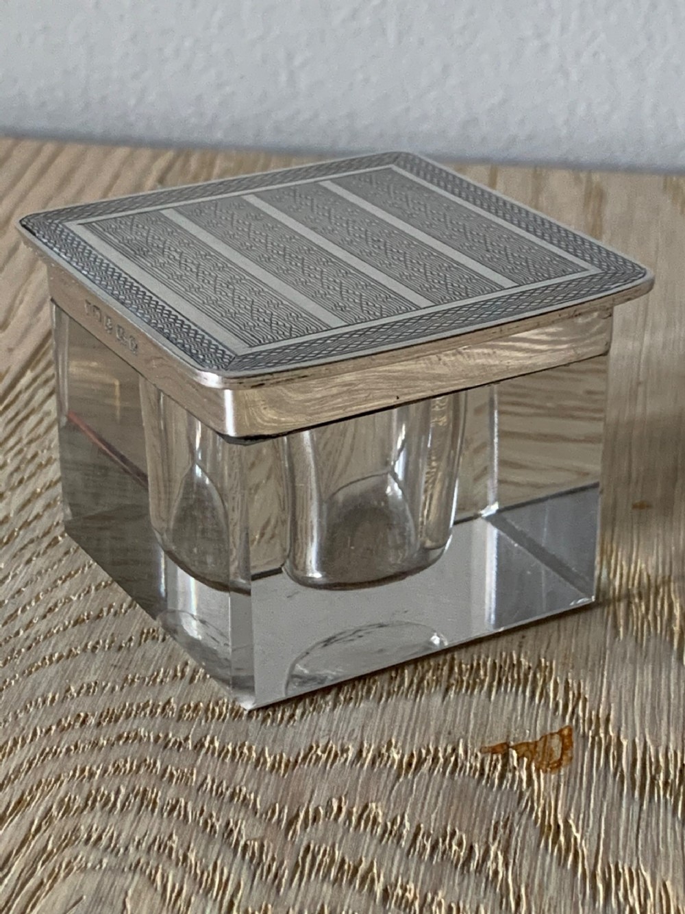 Art Deco Henry Matthews Silver amounted Glass Inkwell, Birmingham 1929