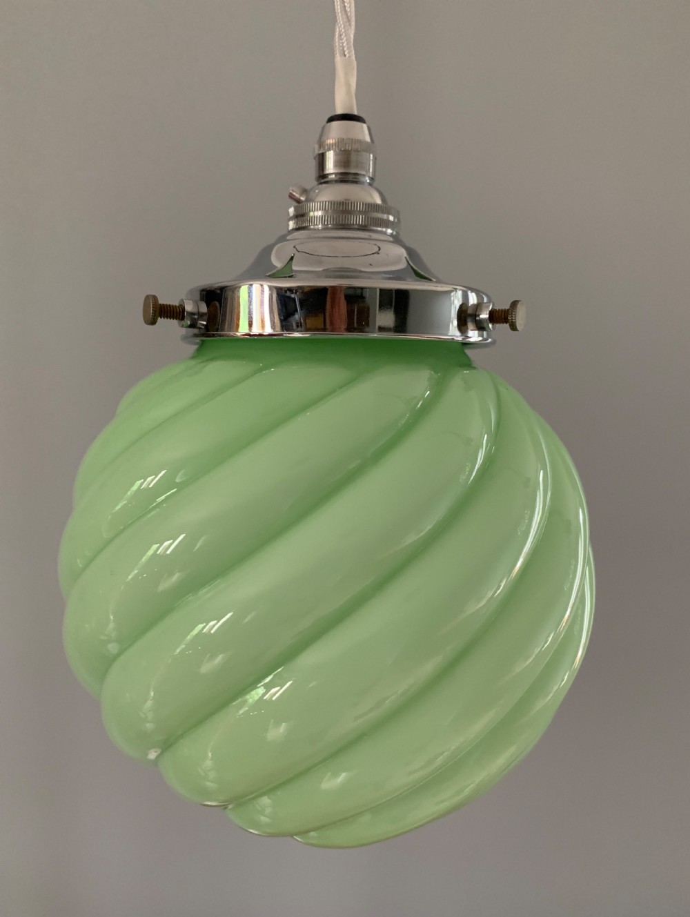 Art Deco Green Pendant Ceiling Light, Lamp, Shade, Rewired  View III