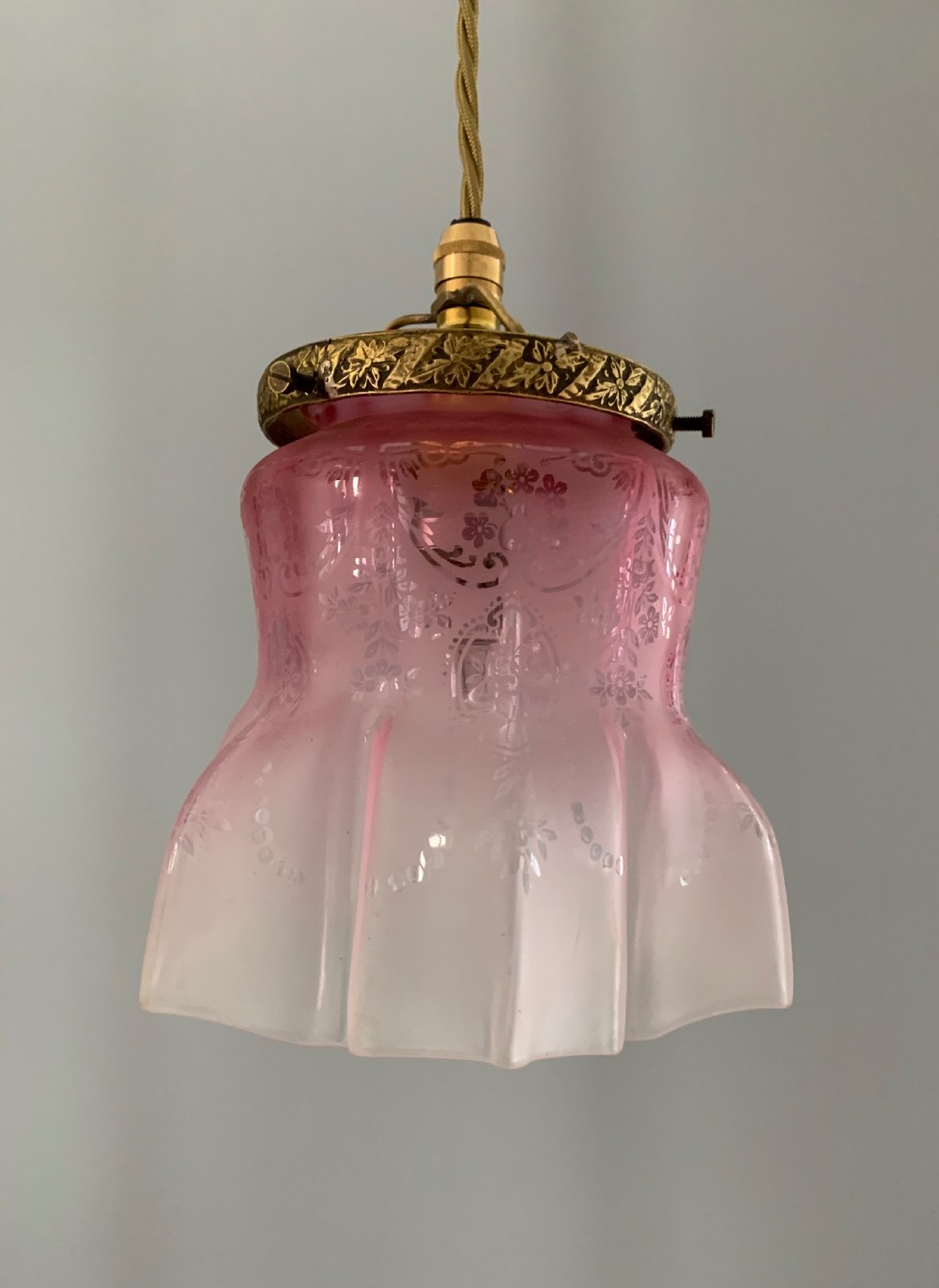 Etched Cranberry Pendant Ceiling Light, Lamp, Shade, Rewired  View II
