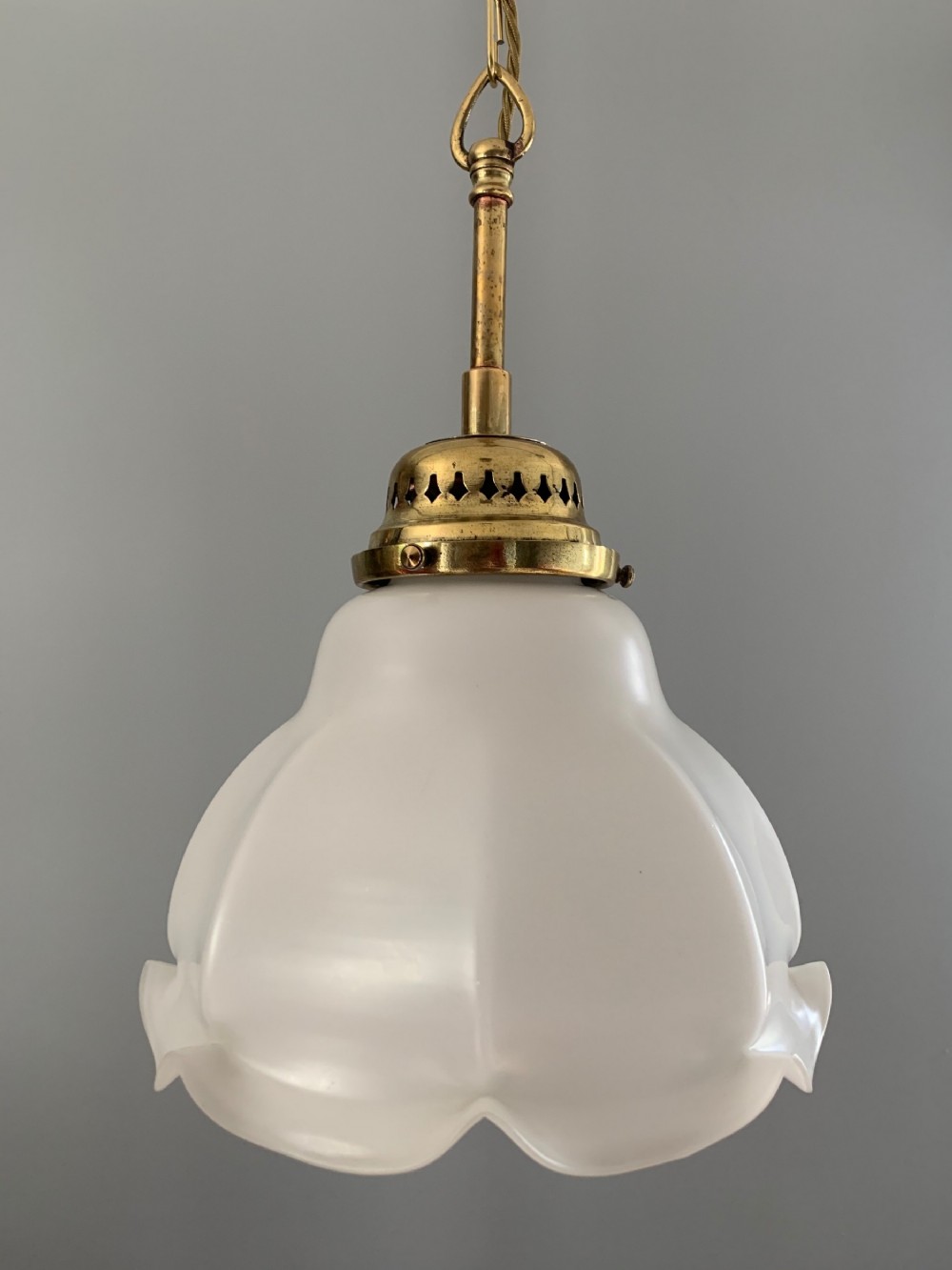 Large French Opaque Ceramic Ceiling Light with Original Brass Gallery, Rewired 