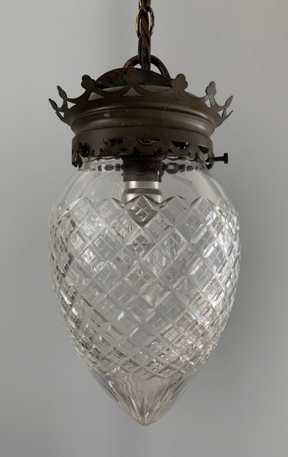 Aged Brass Cut Glass Ceiling Pendant Lamp, Shade, Rewired  View III