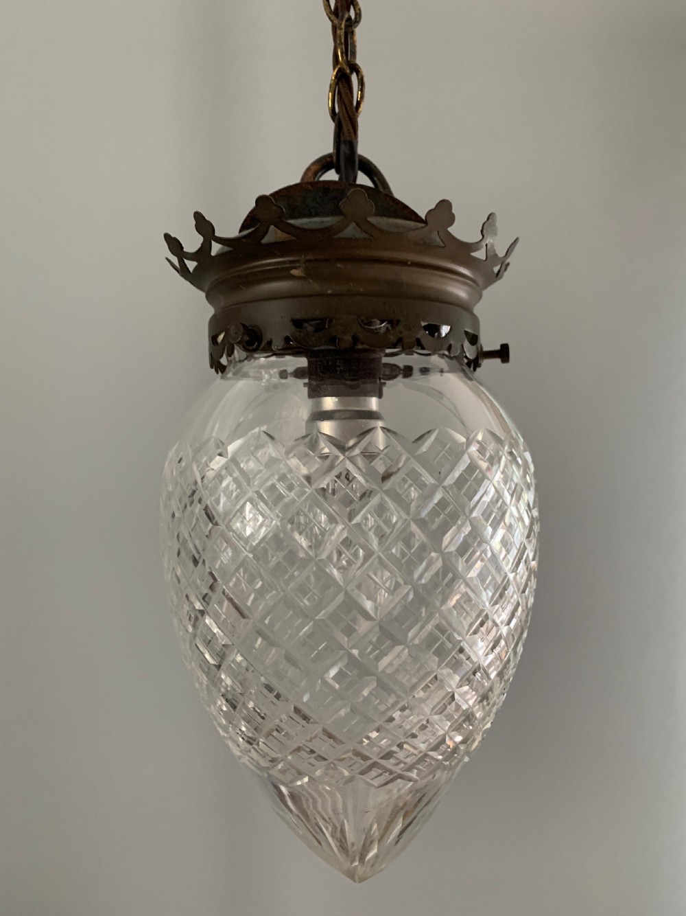 Aged Brass Cut Glass Ceiling Pendant Lamp, Shade, Rewired  View IV