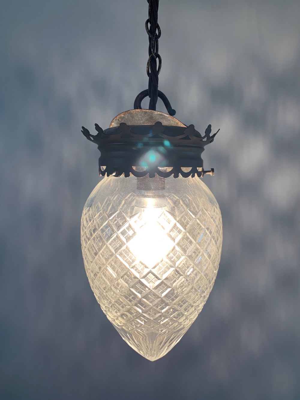Aged Brass Cut Glass Ceiling Pendant Lamp, Shade, Rewired  View VIII