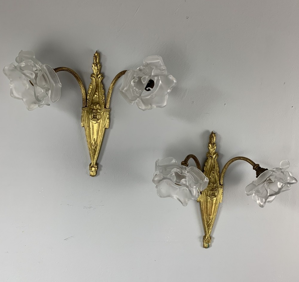 Pair of French Gilded Wall Lights with Original Opaque Rose Shades, Rewired 