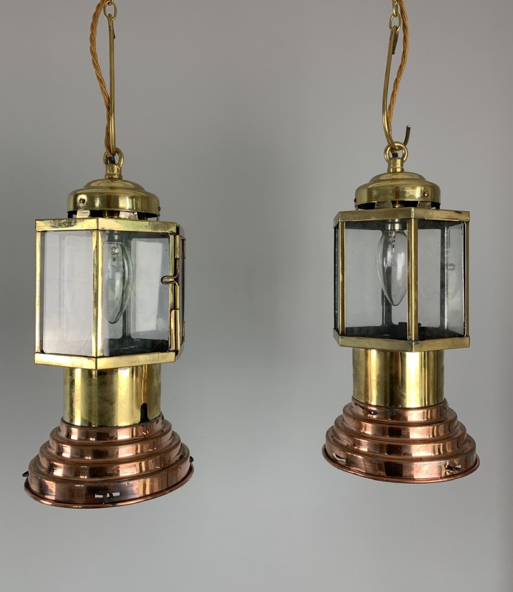 Pair of Victorian Brass and Copper Lanterns, Ceiling Lights, Rewired 
