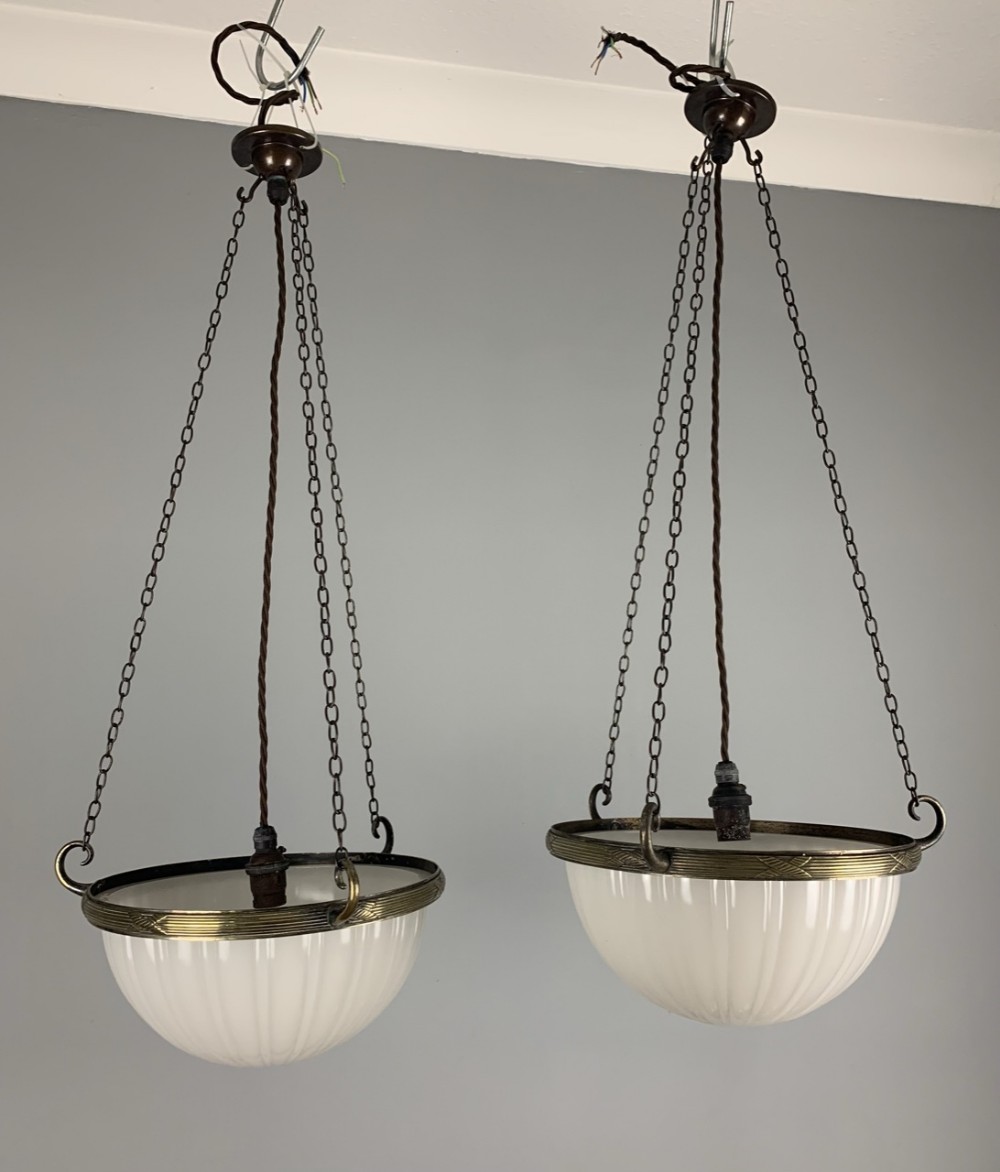 Pair of Jefferson Moonstone Edwardian Ceiling Lights, Shades, Rewired 