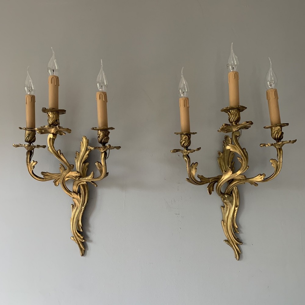 Pair of Large French 3 Branch Gilt Brass Rococo Wall Lights, Rewired 