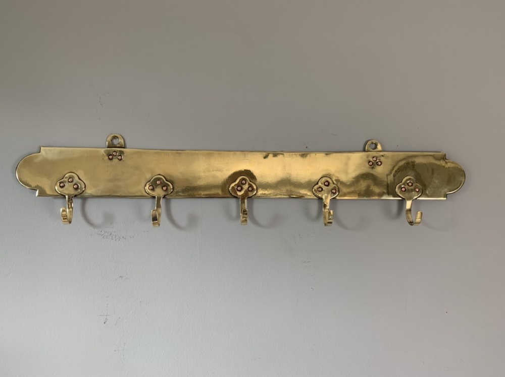 19th Century French Brass Coat Hook Rack, Copper Rivets 
