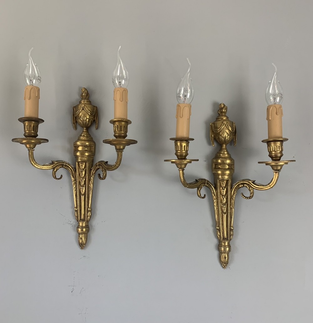 Pair of French Gilded Brass Wall Lights, Rewired 