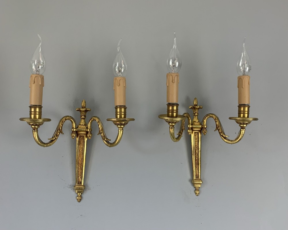 Pair of 1920s French Gilded Brass Wall Lights, Rewired 