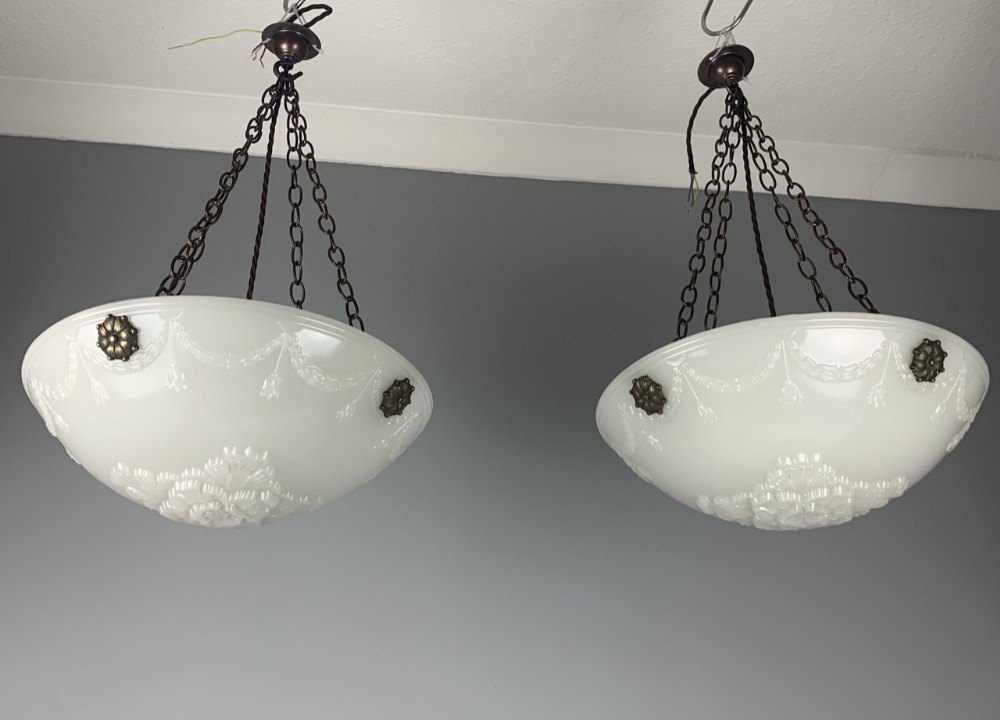 Pair of Jefferson Moonstone Plaffonier Ceiling Lights, Rewired 