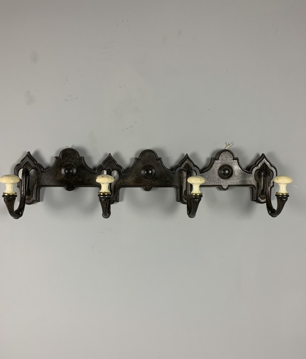French c1900 Iron & Porcelain Coat Rack, Coat Hooks