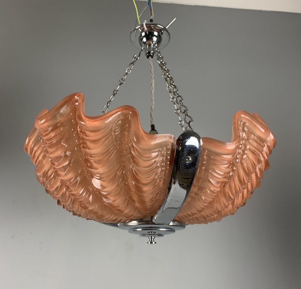 Peach Art Deco Clam Shell Ceiling Light, Original Shade, Rewired 