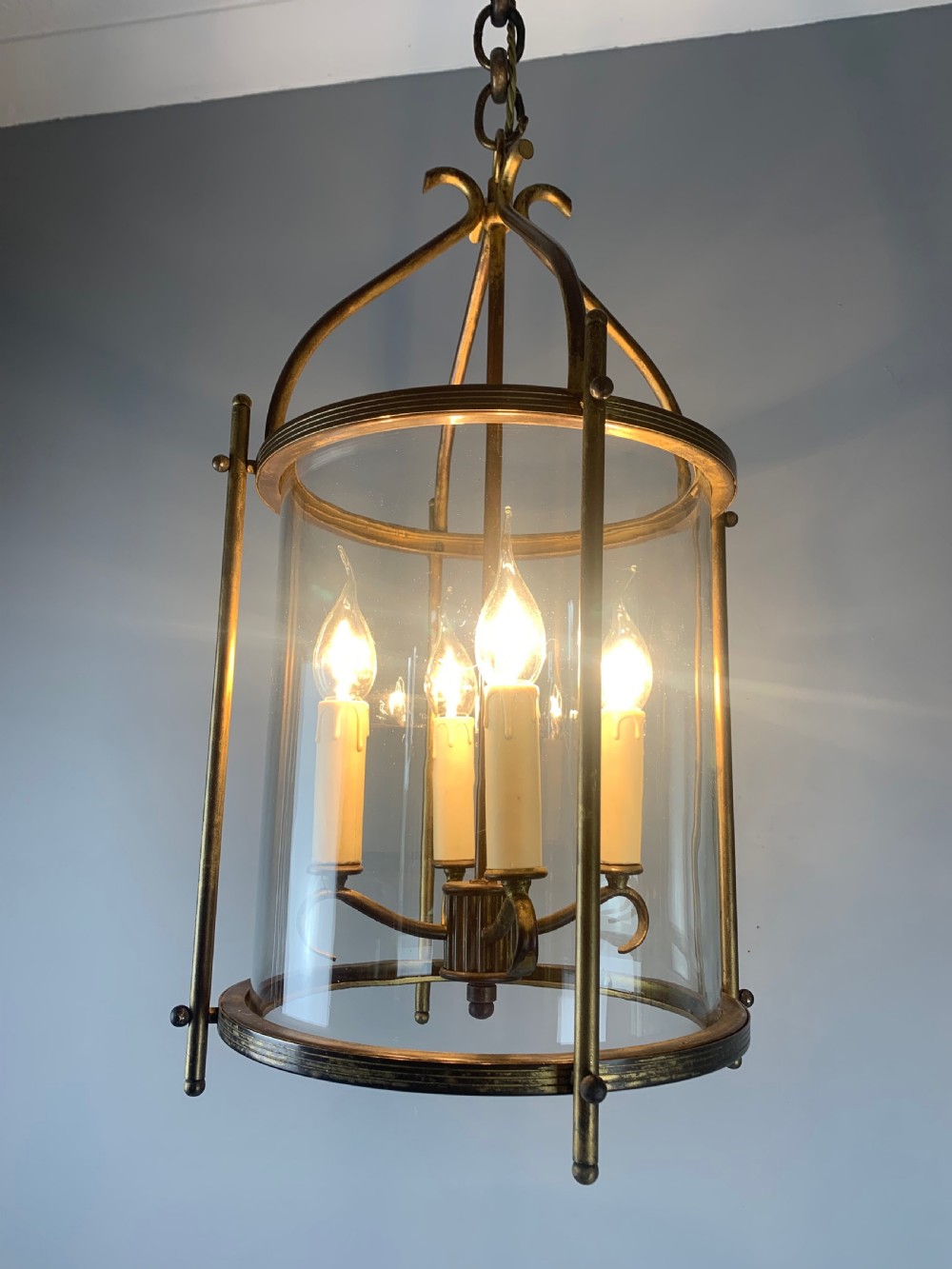 Large Aged Gilt Brass French Lantern, Rewired  View IX