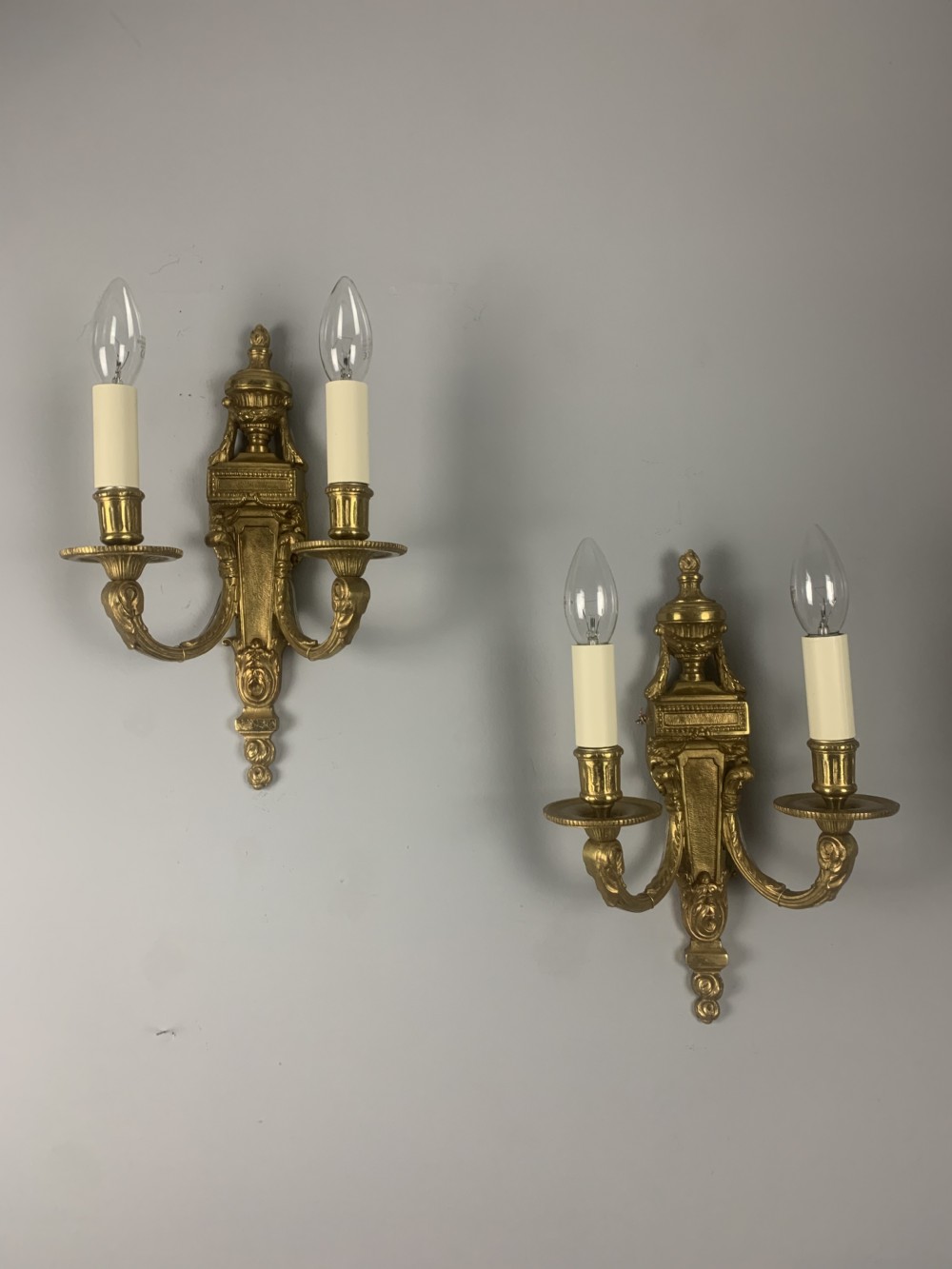 Pair of French Gilt Brass Antique Wall Lights, Rewired 
