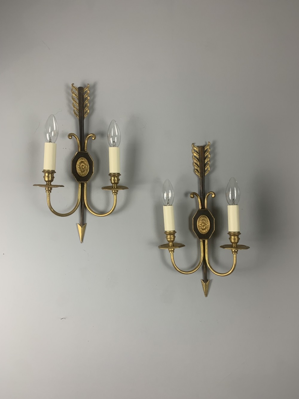 Pair of French Empire Gilt Brass Antique Wall Lights, Rewired and Pat tested 