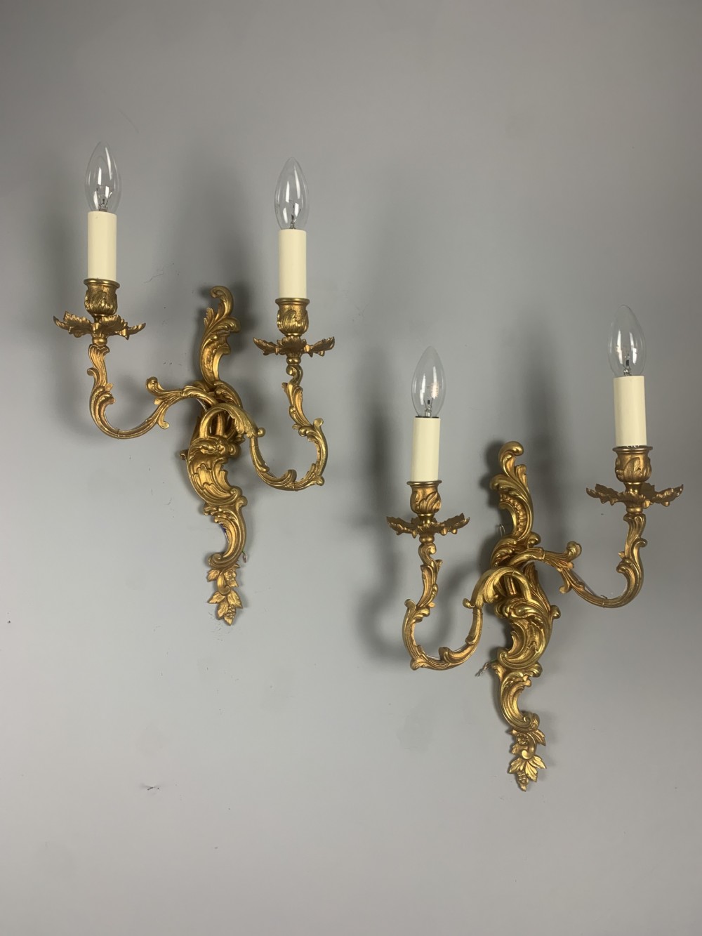 Pair of Ornate French Gilt Brass Antique Wall Lights, Rewired 