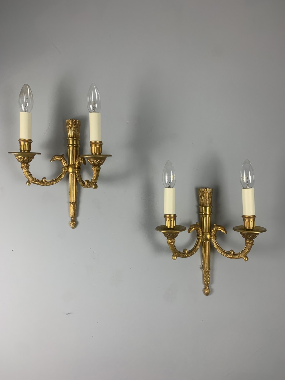 Pair of French Empire Gilt Antique Brass Wall Lights, Rewired 