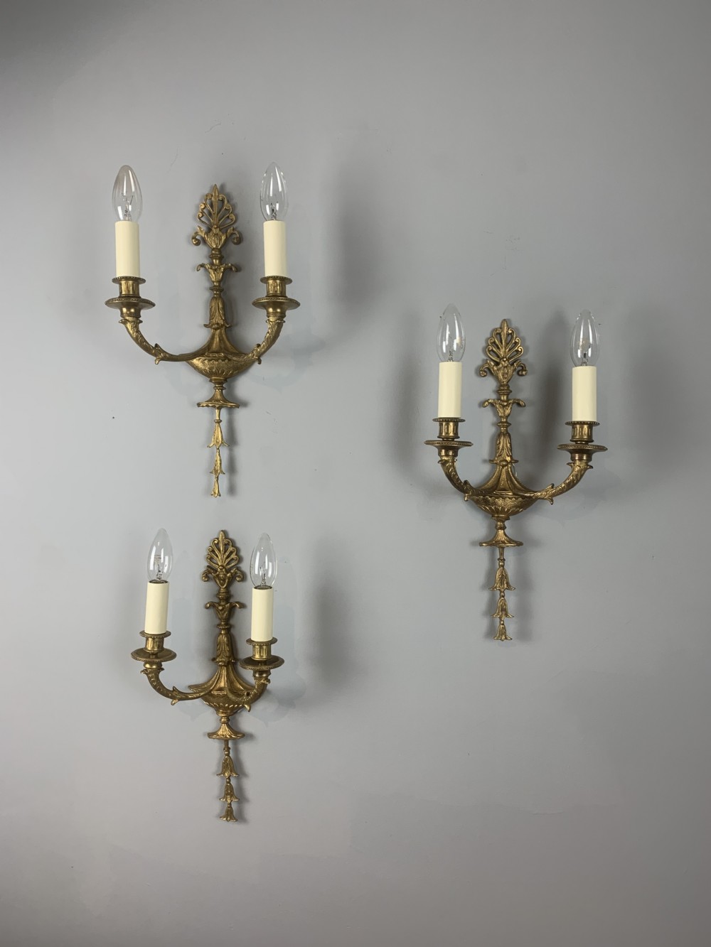 French Set Of Three Twin Arm Antique Wall Lights, Rewired 
