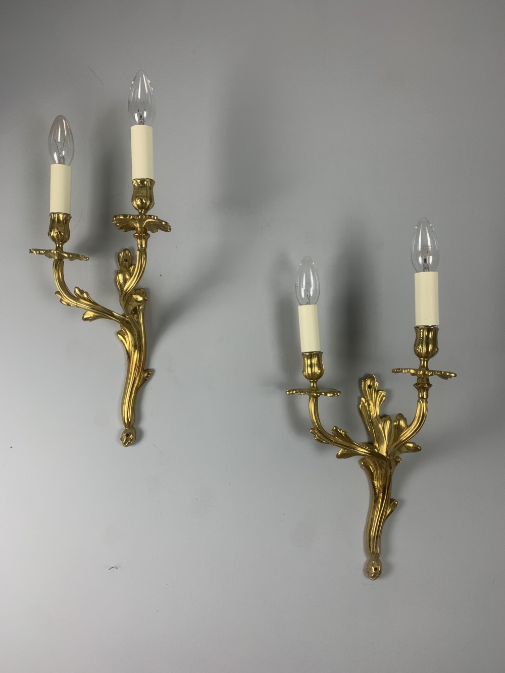 Pair of French Gold Plated Antique Brass Wall Lights, Rewired 