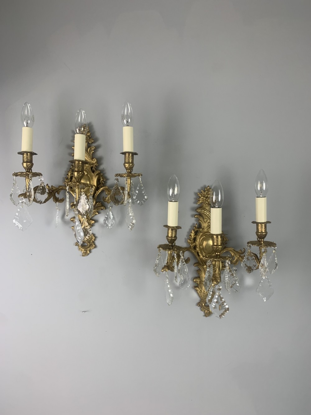 French Gilt Brass Triple Arm Wall Lights with Glass Droppers, Rewired  
