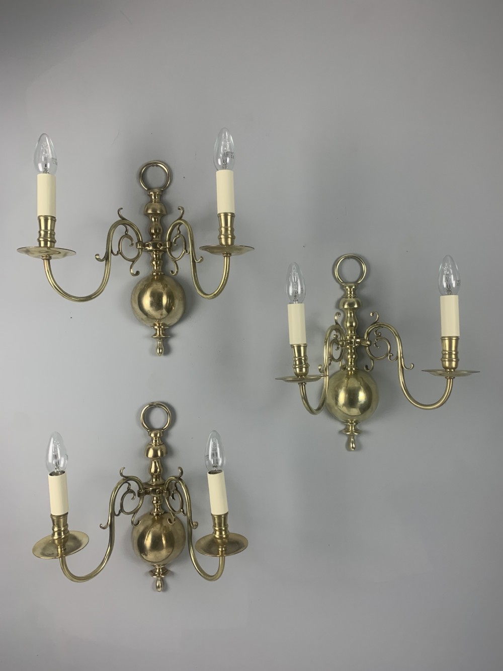 Set of 3 English Polished Brass Twin Arm Wall Lights, Rewired 