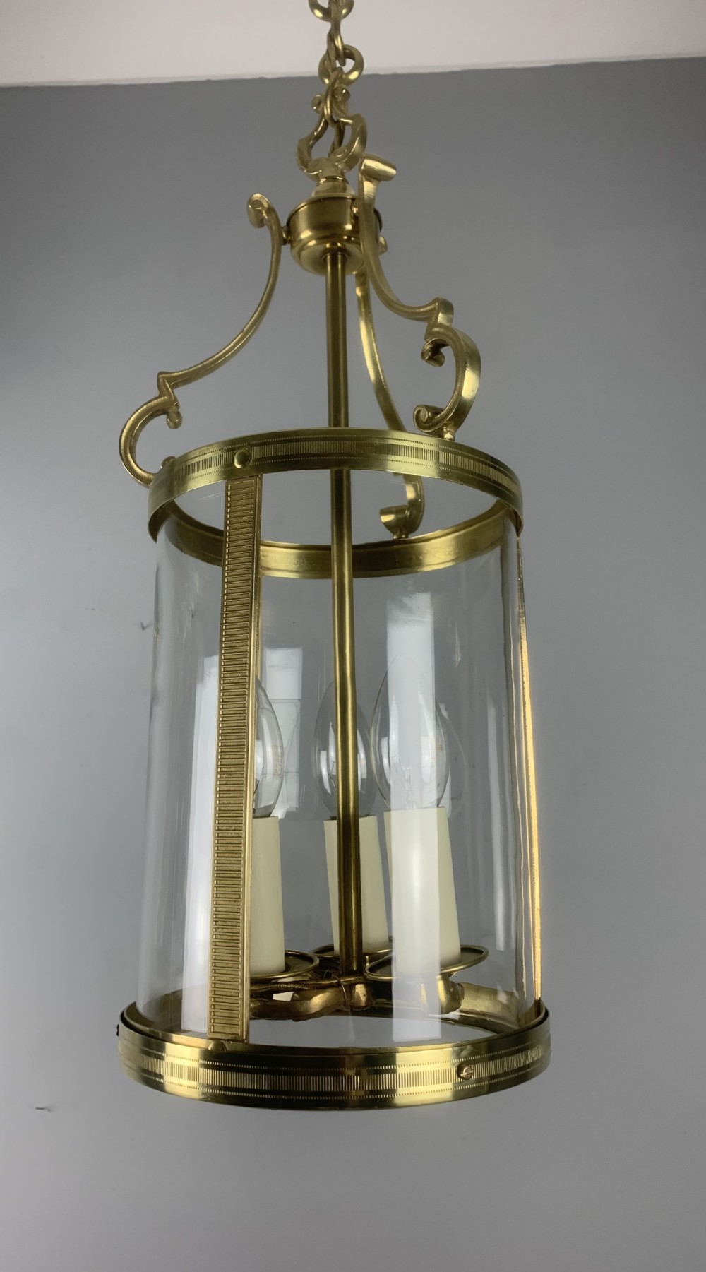 French Polished Brass Triple Light Antique Hall Lantern, Rewired and Pat tested 
