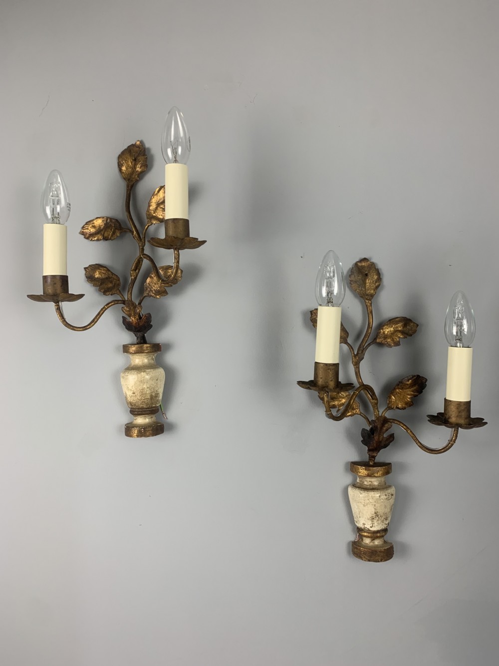 Pair of French Gilt Decorative Toleware Wall Lights, Rewired 
