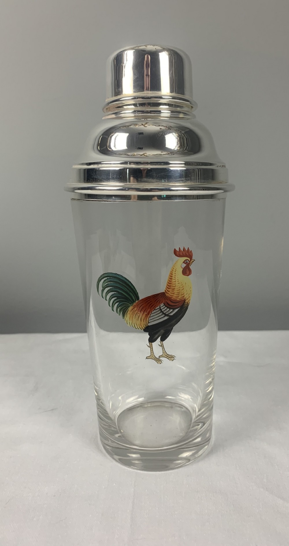 Unusual Art Deco Cockerel Glass Silver Plated Cocktail Shaker 