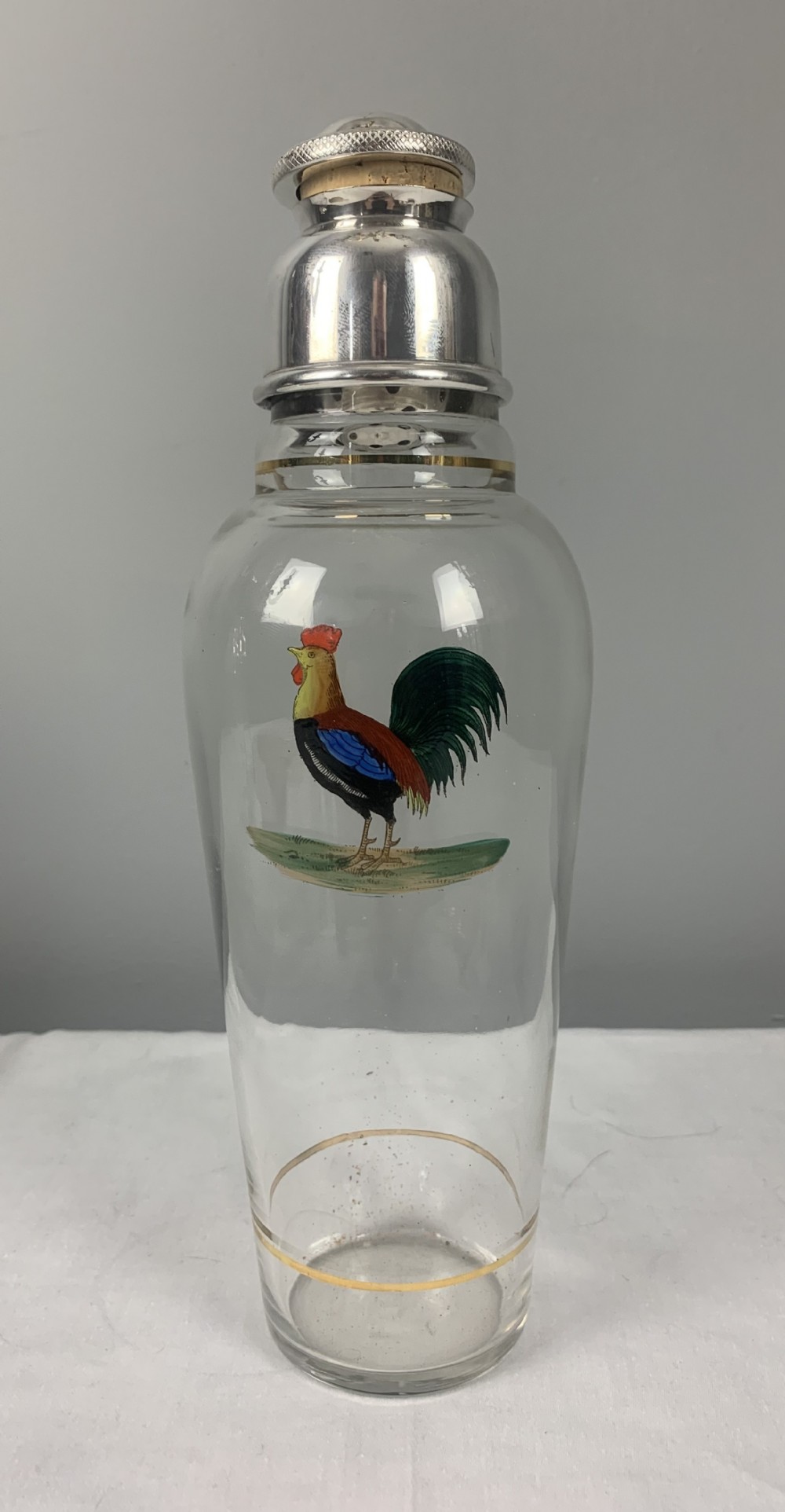 Art Deco Glass Cockerel Silver Plated Cocktail Shaker 