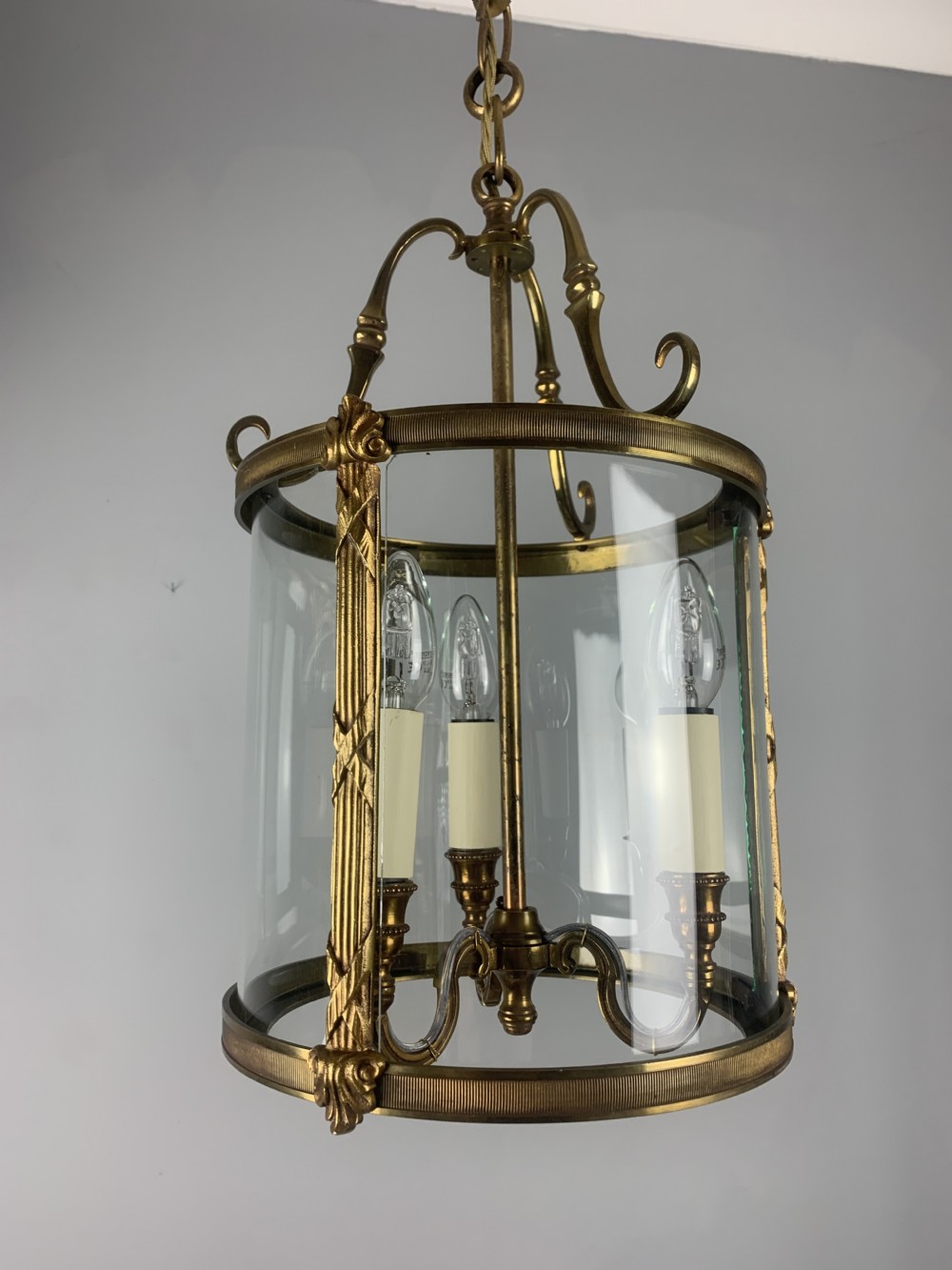 Quality French Triple Light Brass Lantern, Rewired 