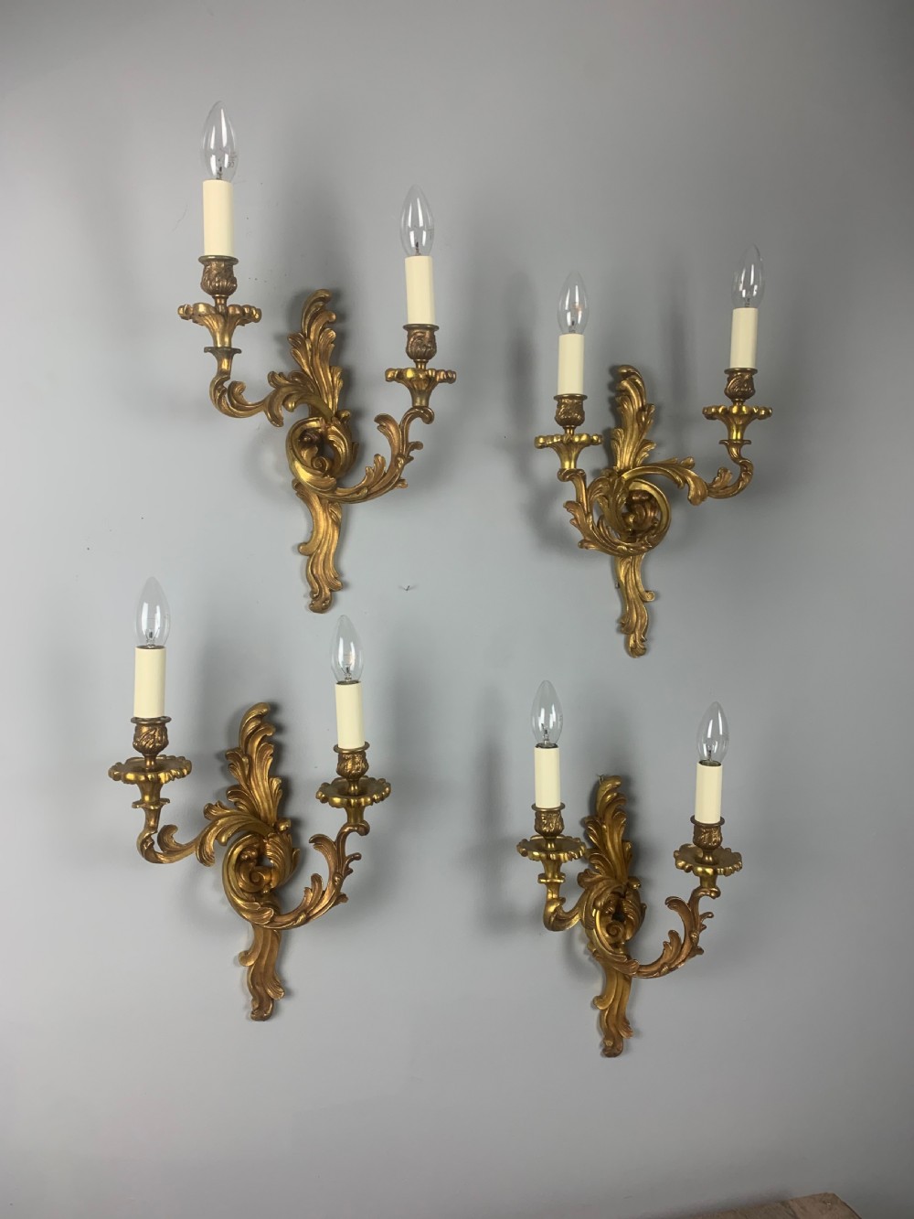 Set of 4 French Gilt Bronze Wall Lights, Rewired  View II