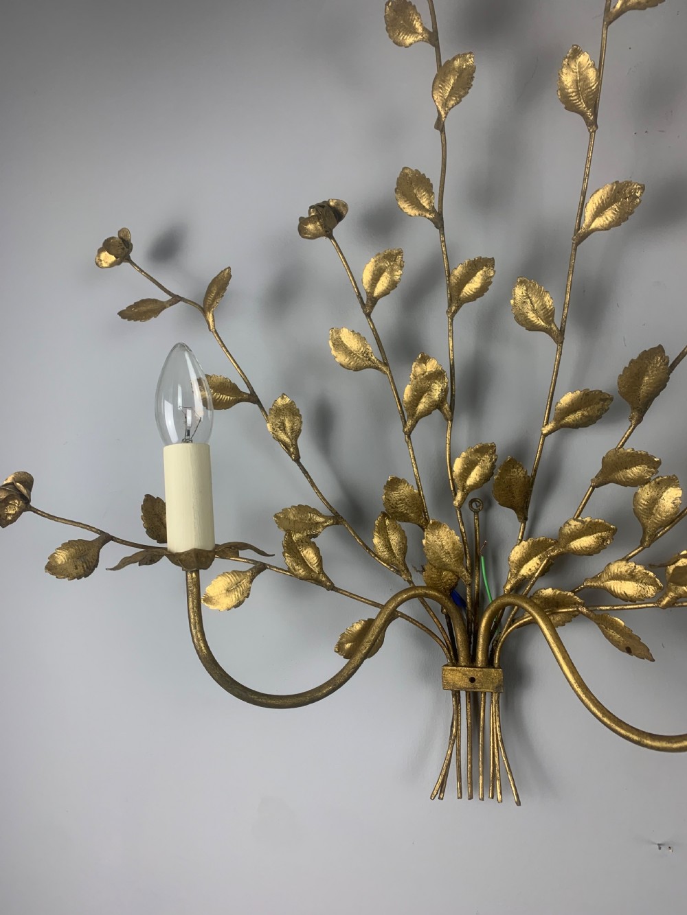 Pair of Italian Toleware Gilt Brass Floral Wall Lights, Rewired  View II