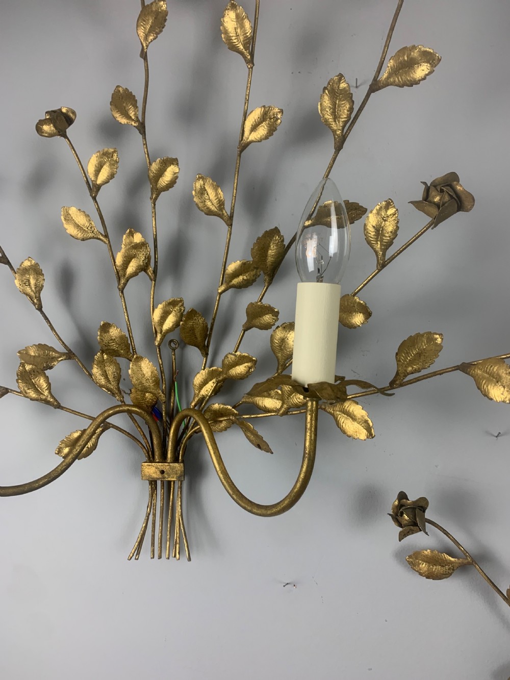 Pair of Italian Toleware Gilt Brass Floral Wall Lights, Rewired  View III