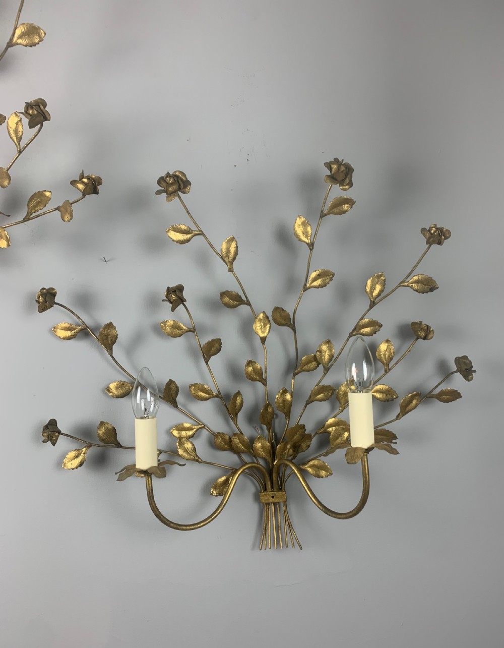 Pair of Italian Toleware Gilt Brass Floral Wall Lights, Rewired  View IV