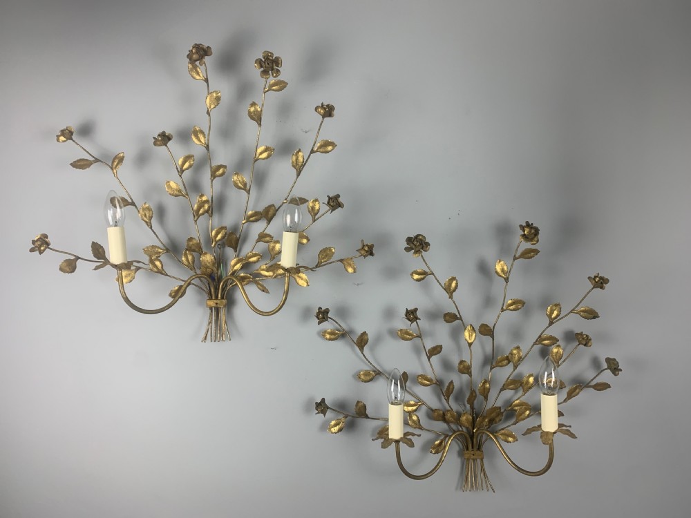 Pair of Italian Toleware Gilt Brass Floral Wall Lights, Rewired  View V