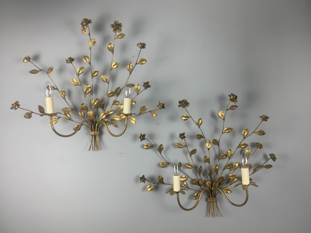 Pair of Italian Toleware Gilt Brass Floral Wall Lights, Rewired  View VI