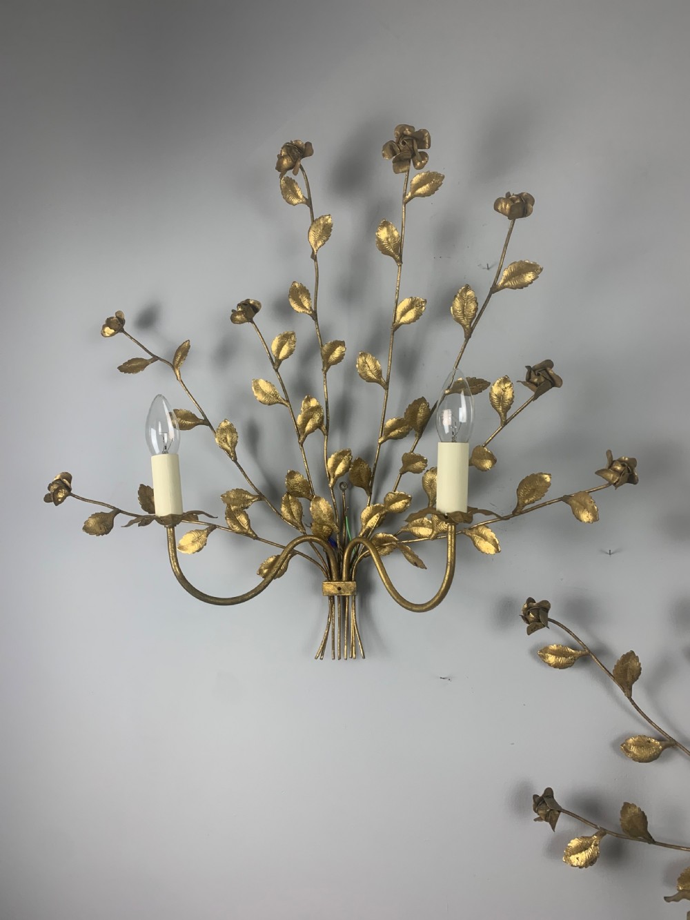 Pair of Italian Toleware Gilt Brass Floral Wall Lights, Rewired  View VII