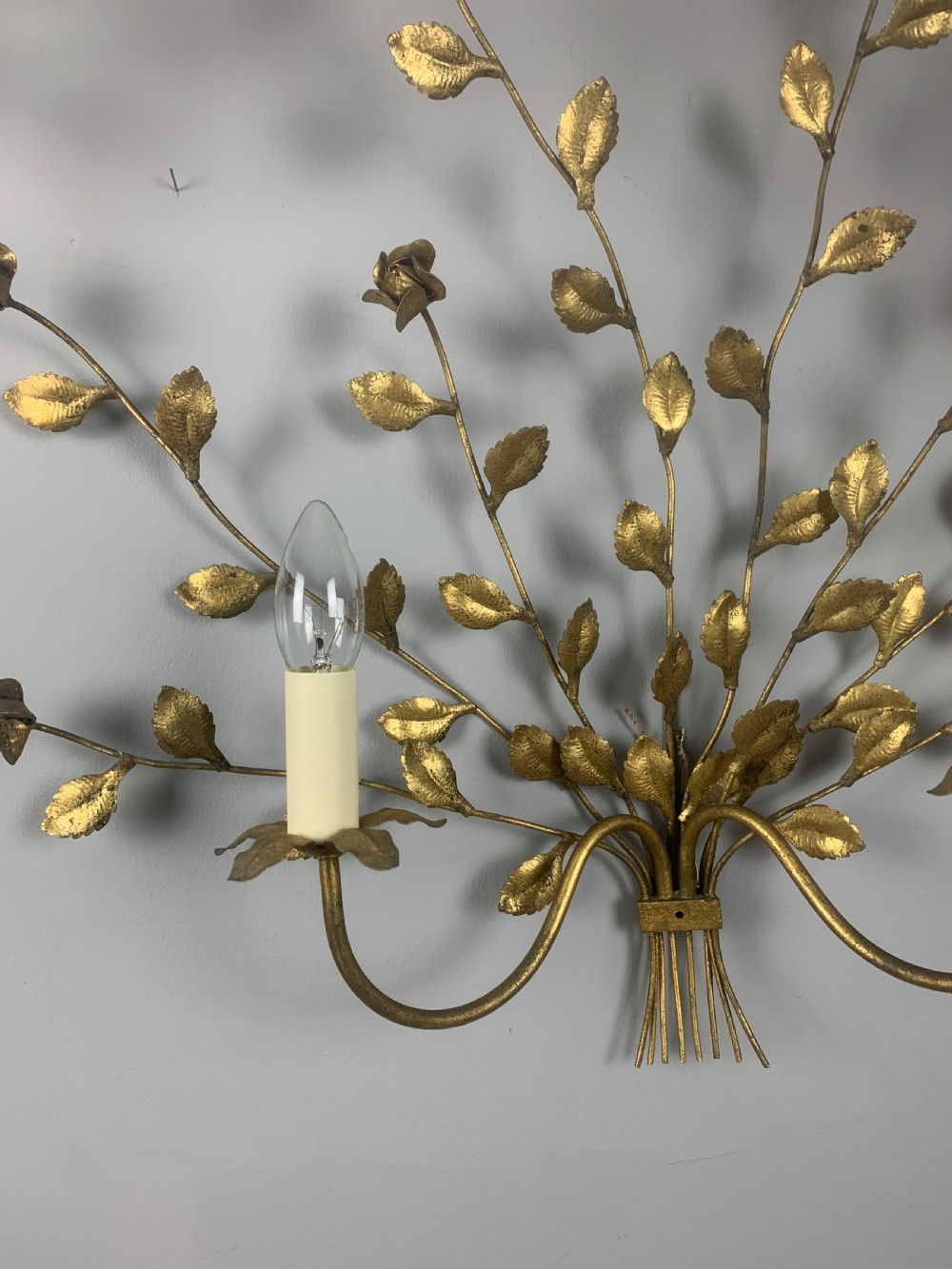 Pair of Italian Toleware Gilt Brass Floral Wall Lights, Rewired  View VIII