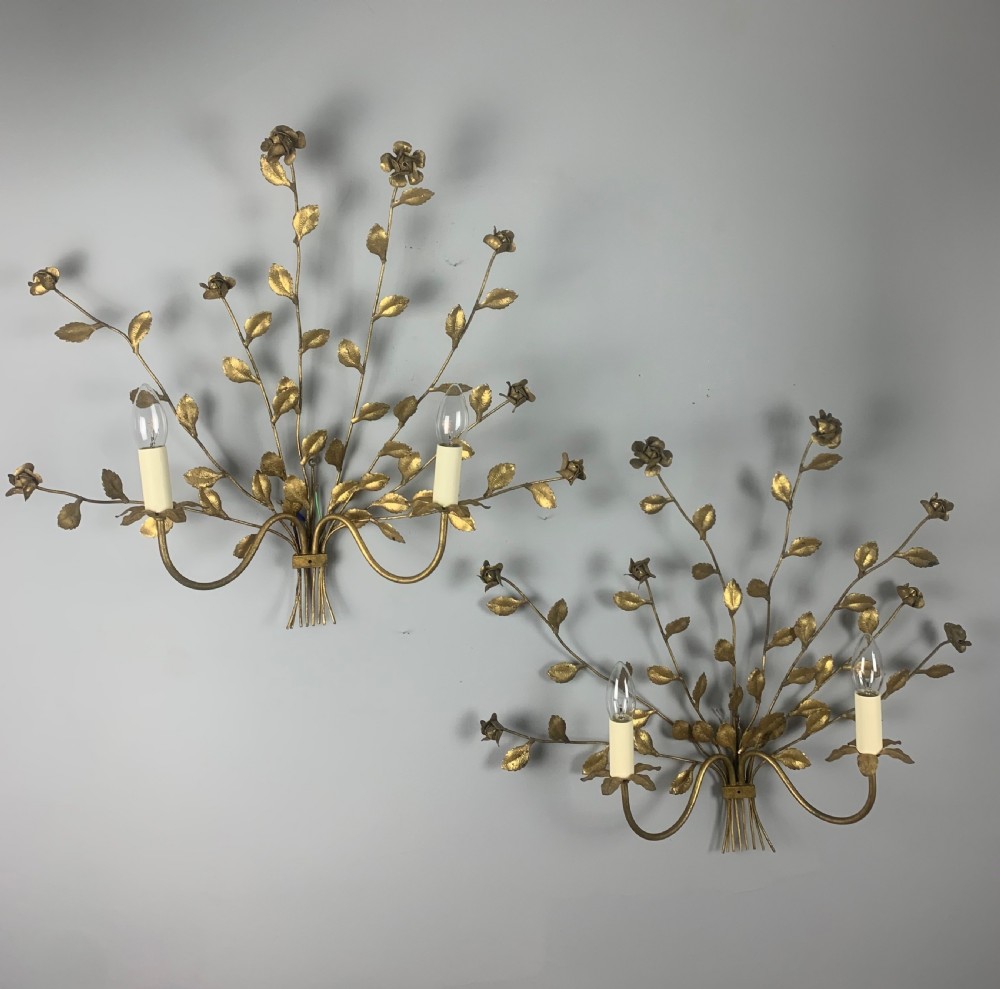 Pair of Italian Toleware Gilt Brass Floral Wall Lights, Rewired  View X
