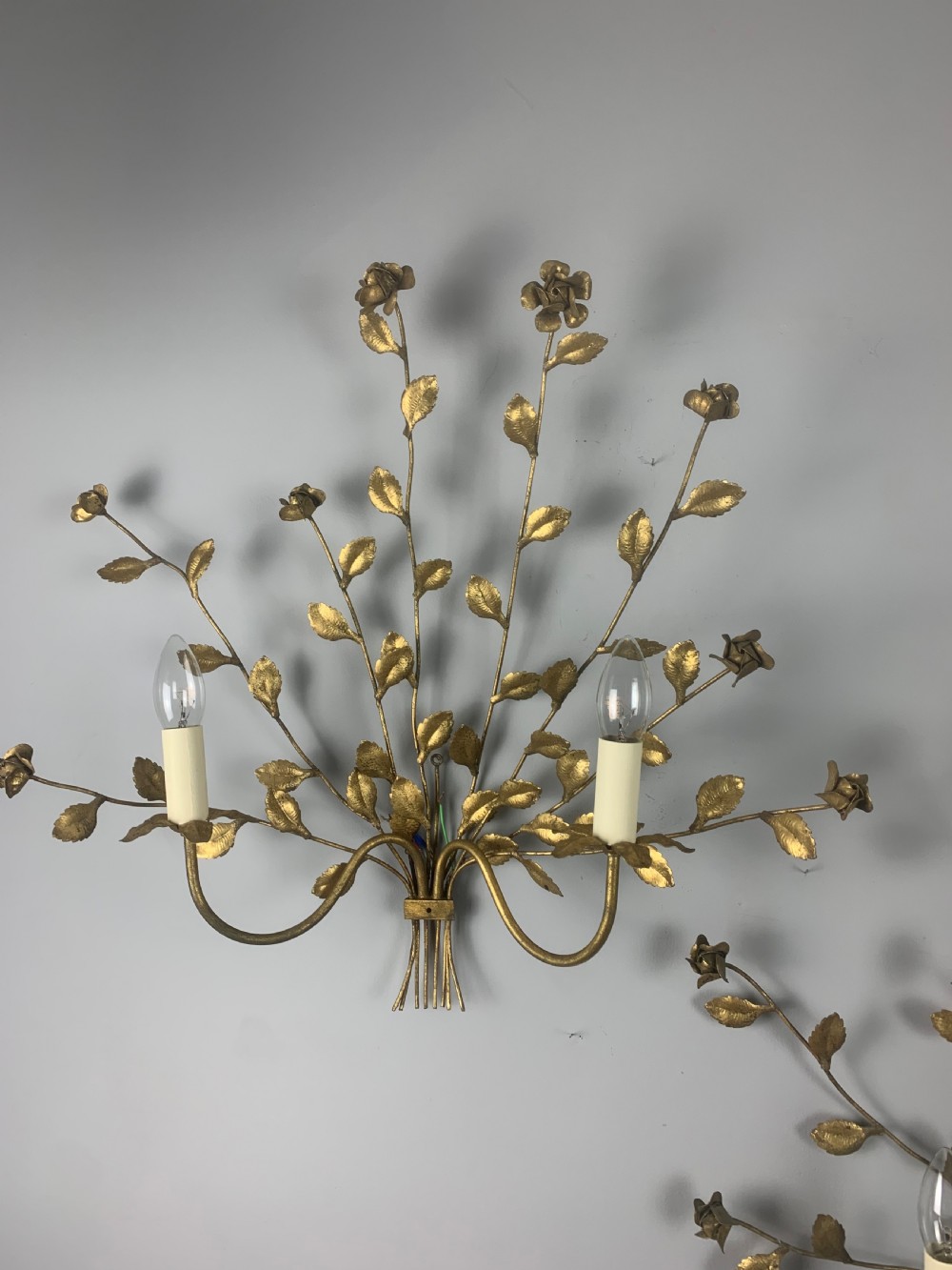 Pair of Italian Toleware Gilt Brass Floral Wall Lights, Rewired  View XI