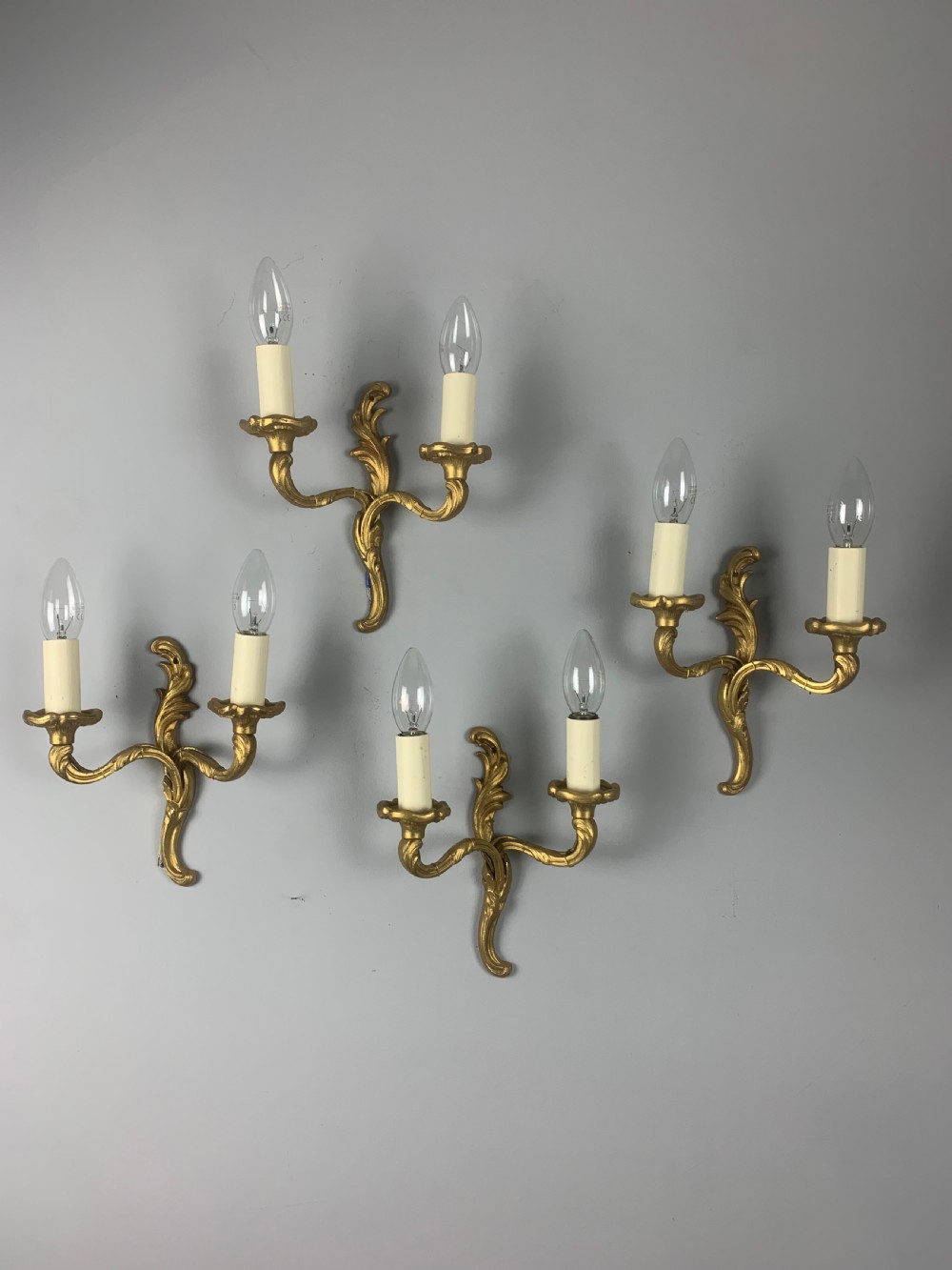 Set of 4 Small French Gilt Brass Wall Lights, Rewired  View II