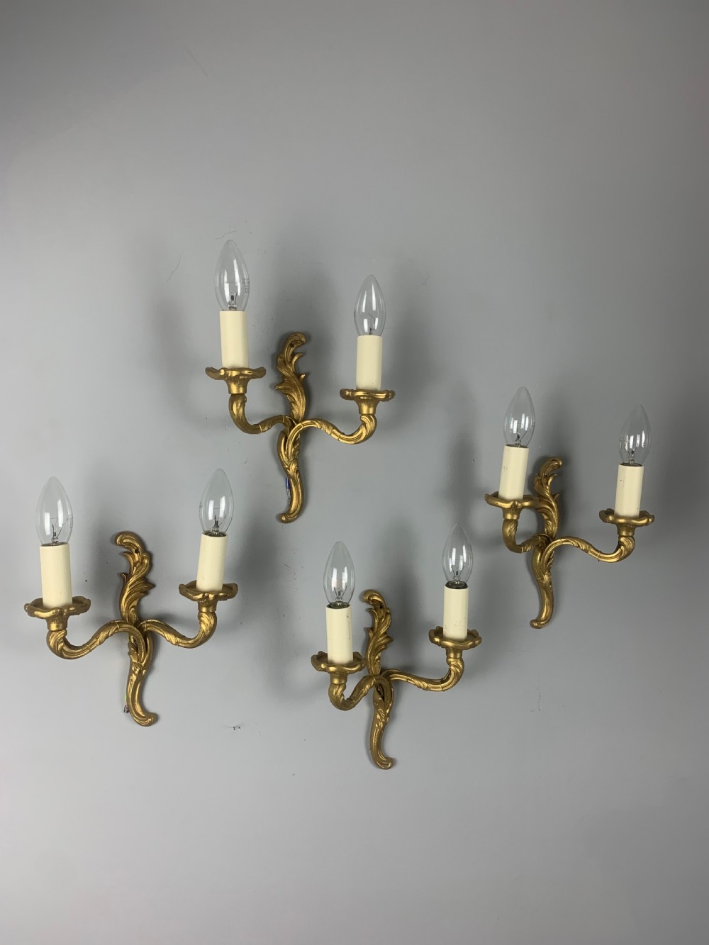 Set of 4 Small French Gilt Brass Wall Lights, Rewired  View III
