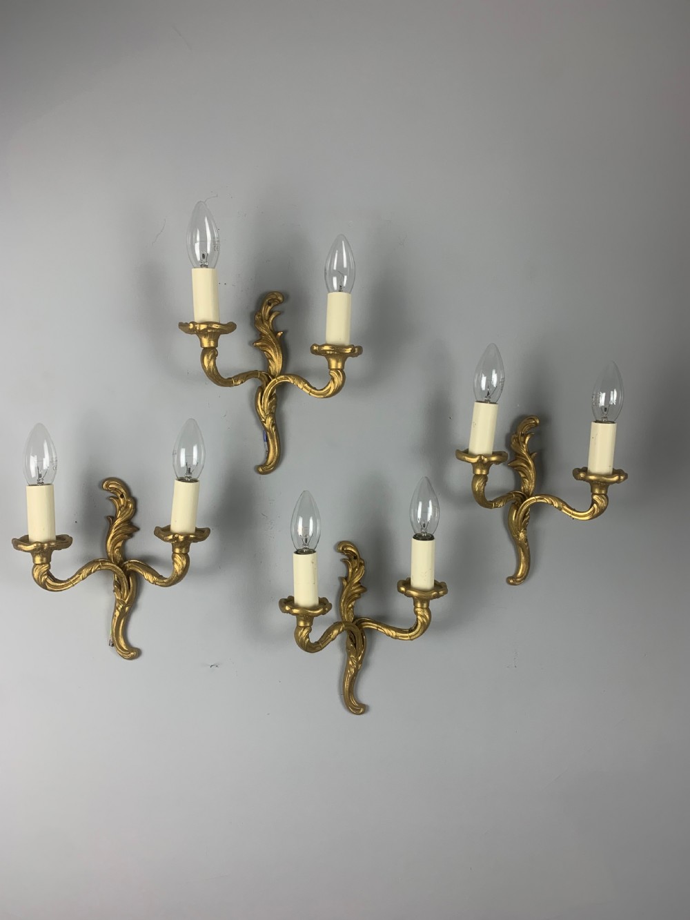 Set of 4 Small French Gilt Brass Wall Lights, Rewired  View IV