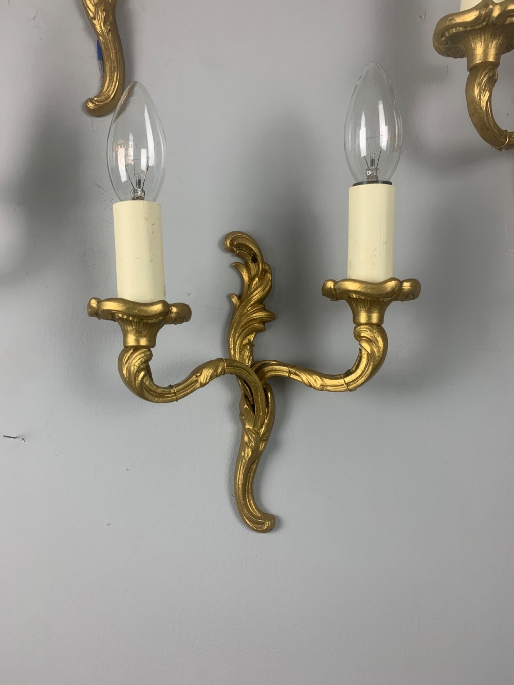Set of 4 Small French Gilt Brass Wall Lights, Rewired  View VI