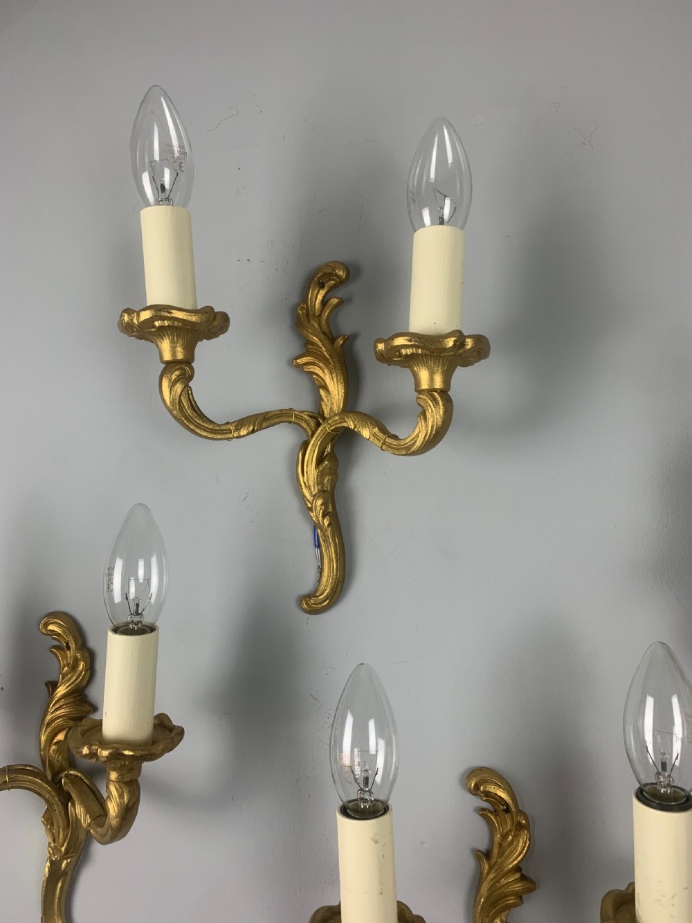 Set of 4 Small French Gilt Brass Wall Lights, Rewired  View VII