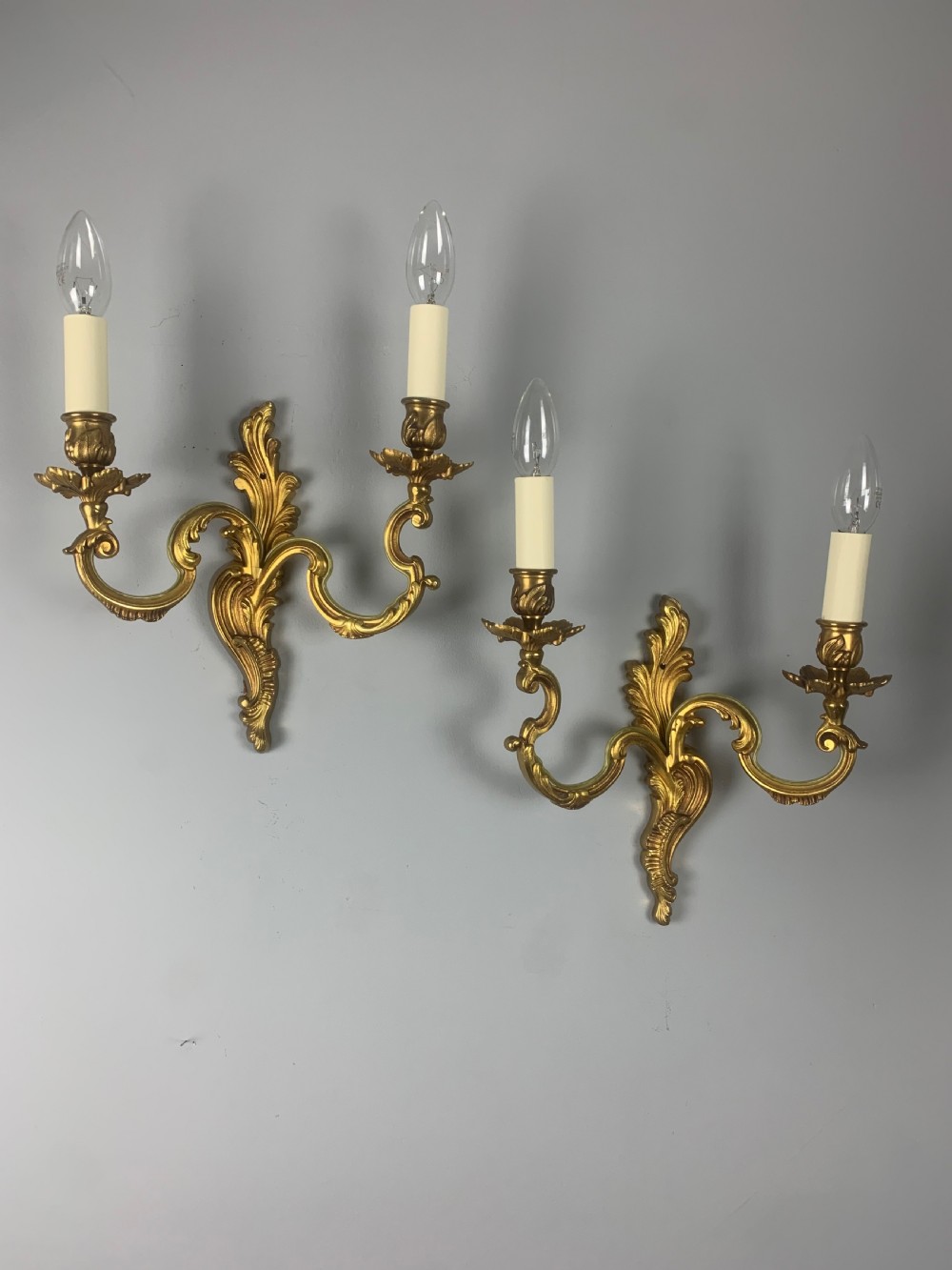 Pair of French Gilt Brass Wall Lights, Rewired 