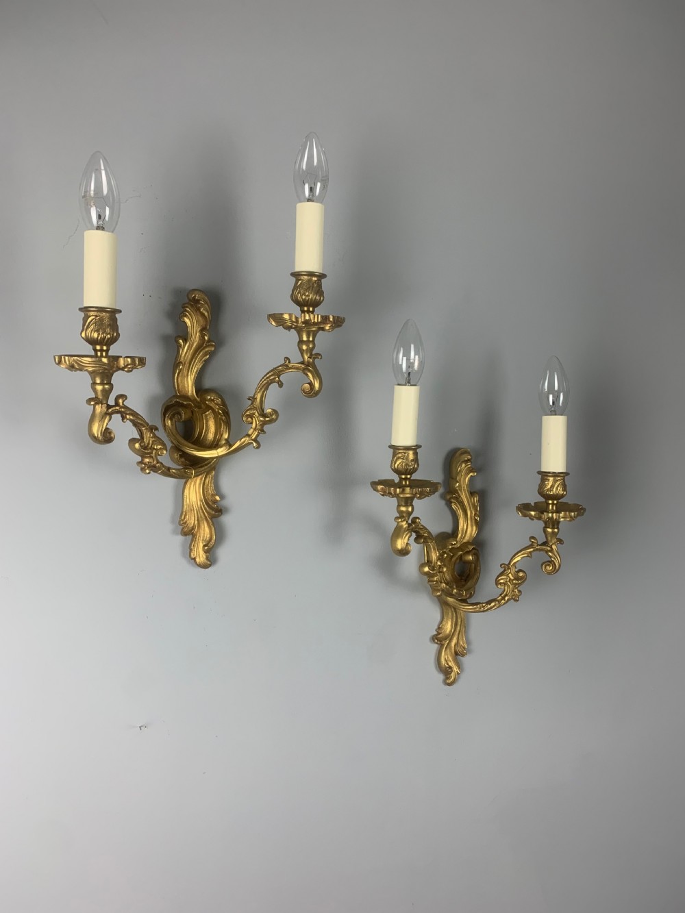 Pair of French Gilt Brass Wall Lights, Rewired 