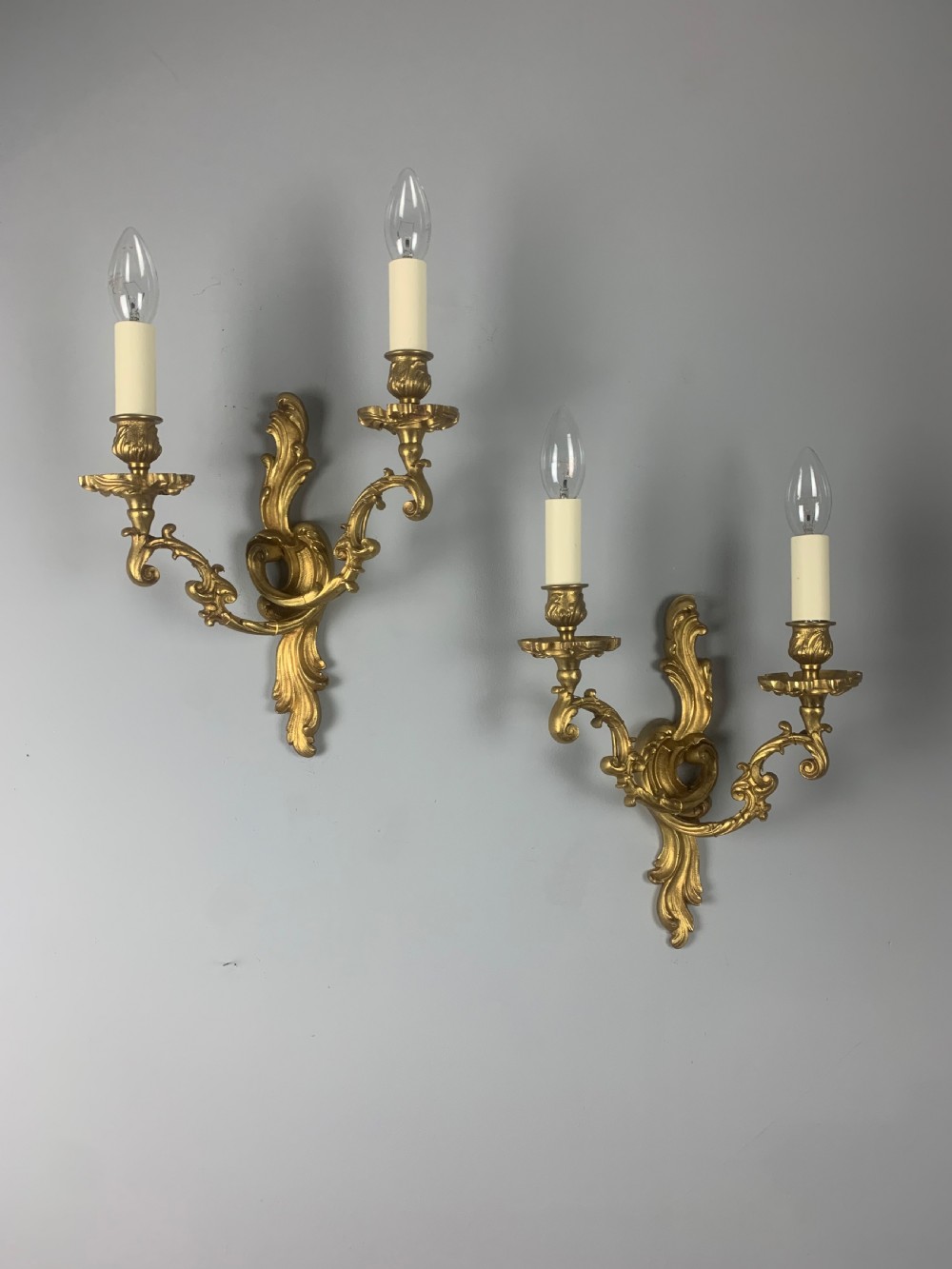 Pair of French Gilt Brass Wall Lights, Rewired  View II